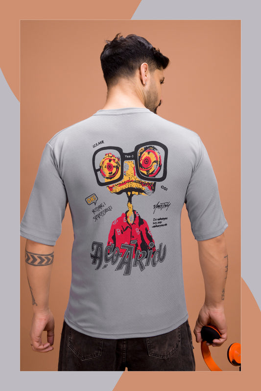 “ACOARIO” Cartoon Back Graphic Tee – Frost Gray